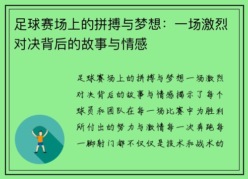 足球赛场上的拼搏与梦想：一场激烈对决背后的故事与情感